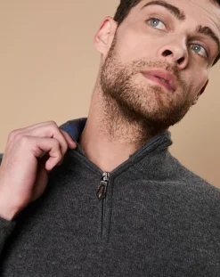 Pull 100% Cachemire John col camionneur gris anthracite/marine