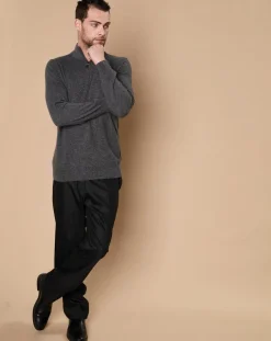 Pull 100% Cachemire John col camionneur gris anthracite/marine
