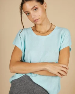 Pull 100% Cachemire Laurène manches courtes bleu océan