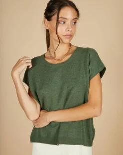 Pull 100% Cachemire Laurène manches courtes kaki
