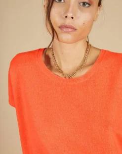 Pull 100% Cachemire Laurène manches courtes corail fluo