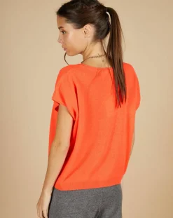 Pull 100% Cachemire Laurène manches courtes corail fluo