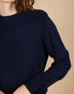 Pull 100% Cachemire Louizon col rond 3 boutons épaule bleu nuit