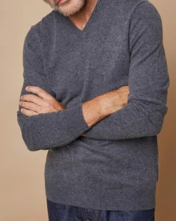 Pull 100% Cachemire Lucien col V gris foncé