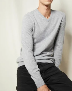 Pull 100% Cachemire Lucien col V gris clair