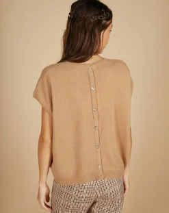 Pull 100% Cachemire manches courtes Charline boutons au dos camel