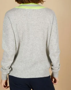 Pull 100% Cachemire Marley col V à bandes gris chiné clair/jaune fluo