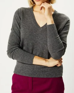 Pull 100% Cachemire Nocon col V gris foncé