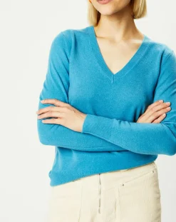 Pull 100% Cachemire Yocon col V bleu moyen
