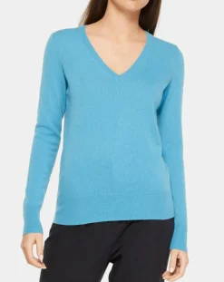 Pull 100% Cachemire Yocon col V bleu moyen