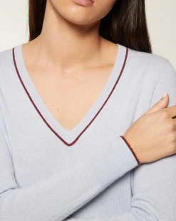 Pull 100% Cachemire Yocond col V bleu clair