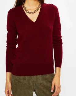 Pull 100% Cachemire Zocon col V rouge foncé