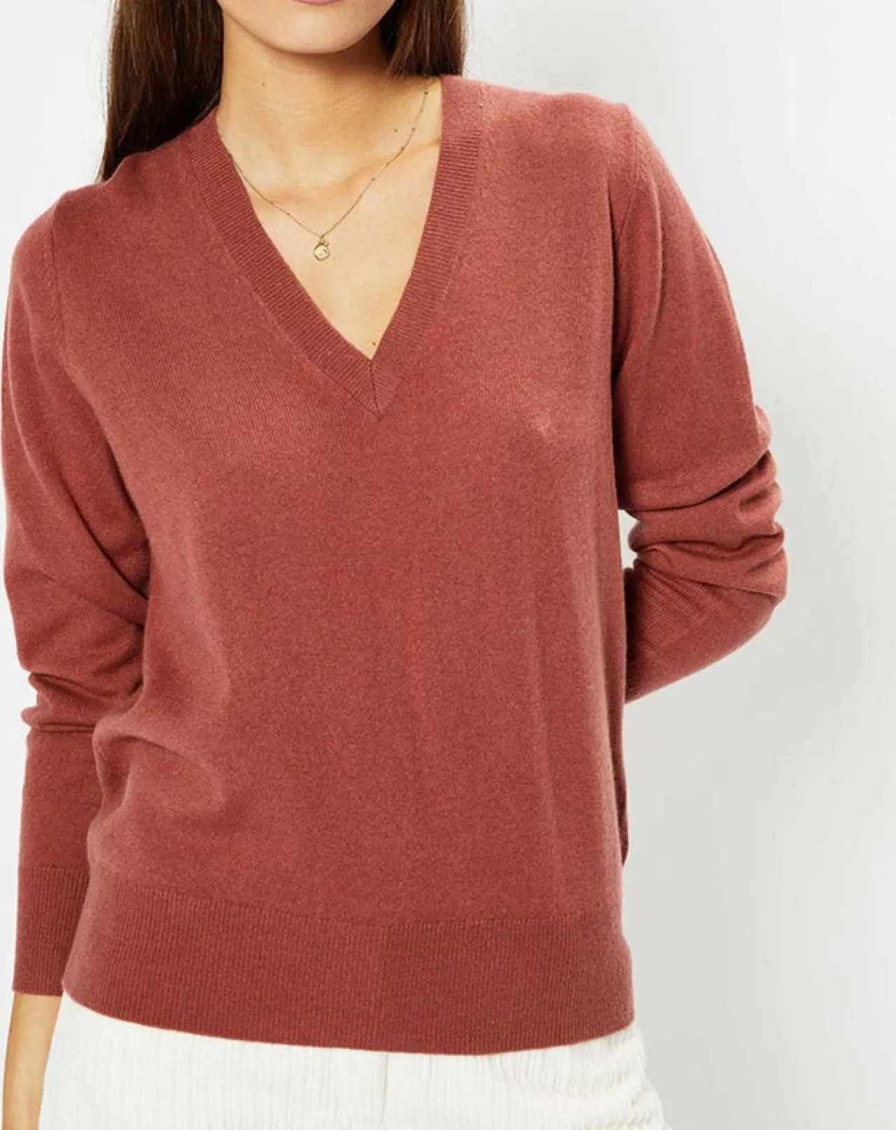 Pull 100% Cachemire Zocon col V bois de rose