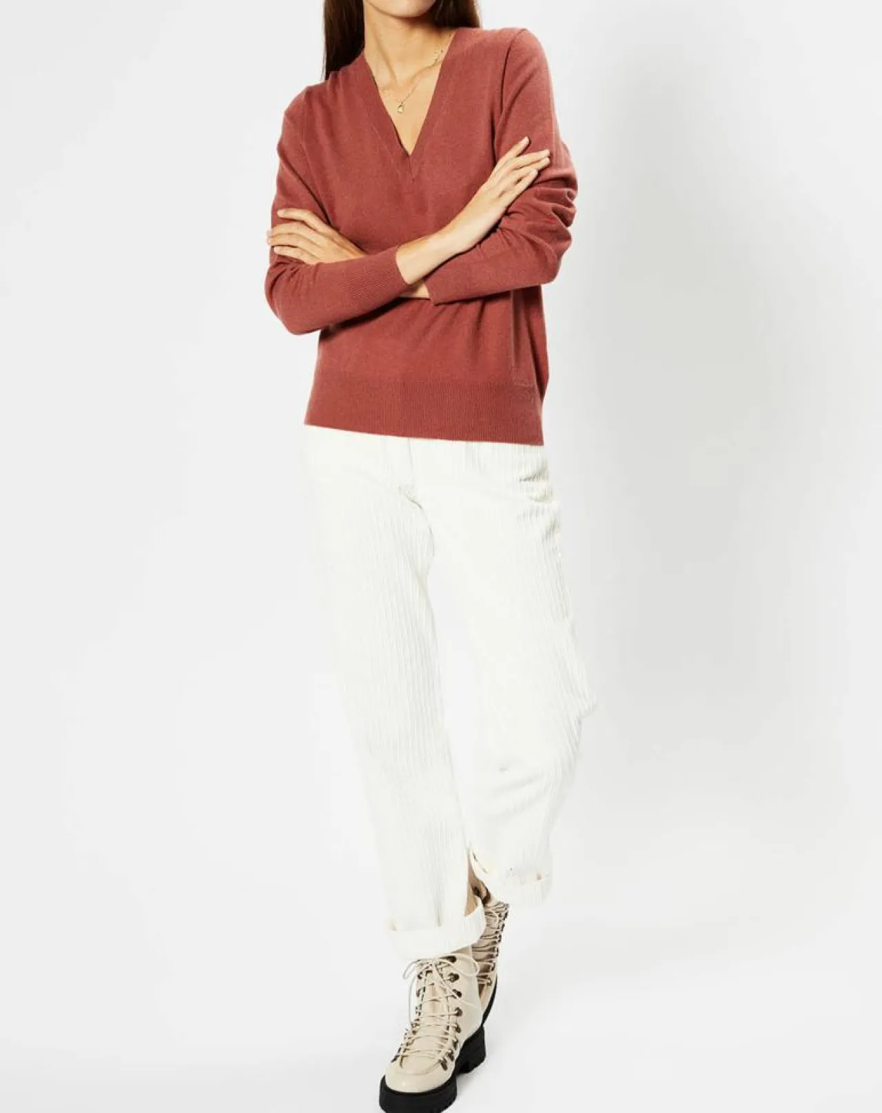 Pull 100% Cachemire Zocon col V bois de rose