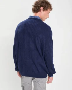 Pull 100% Laine d'agneau col rond Cable Fin bleu