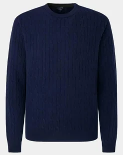 Pull 100% Laine d'agneau col rond Cable Fin bleu