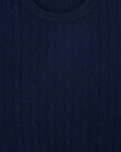 Pull 100% Laine d'agneau col rond Cable Fin bleu