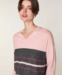Pull Adélie 100% Laine col V rayures rose perle