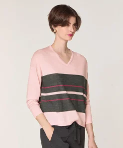 Pull Adélie 100% Laine col V rayures rose perle