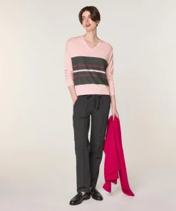 Pull Adélie 100% Laine col V rayures rose perle