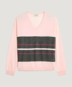 Pull Adélie 100% Laine col V rayures rose perle