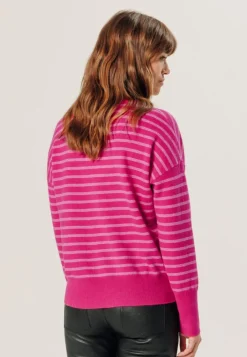 Pull Aliénor 100% Cachemire col rond rayé rose tonique