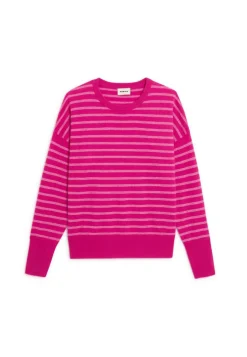 Pull Aliénor 100% Cachemire col rond rayé rose tonique