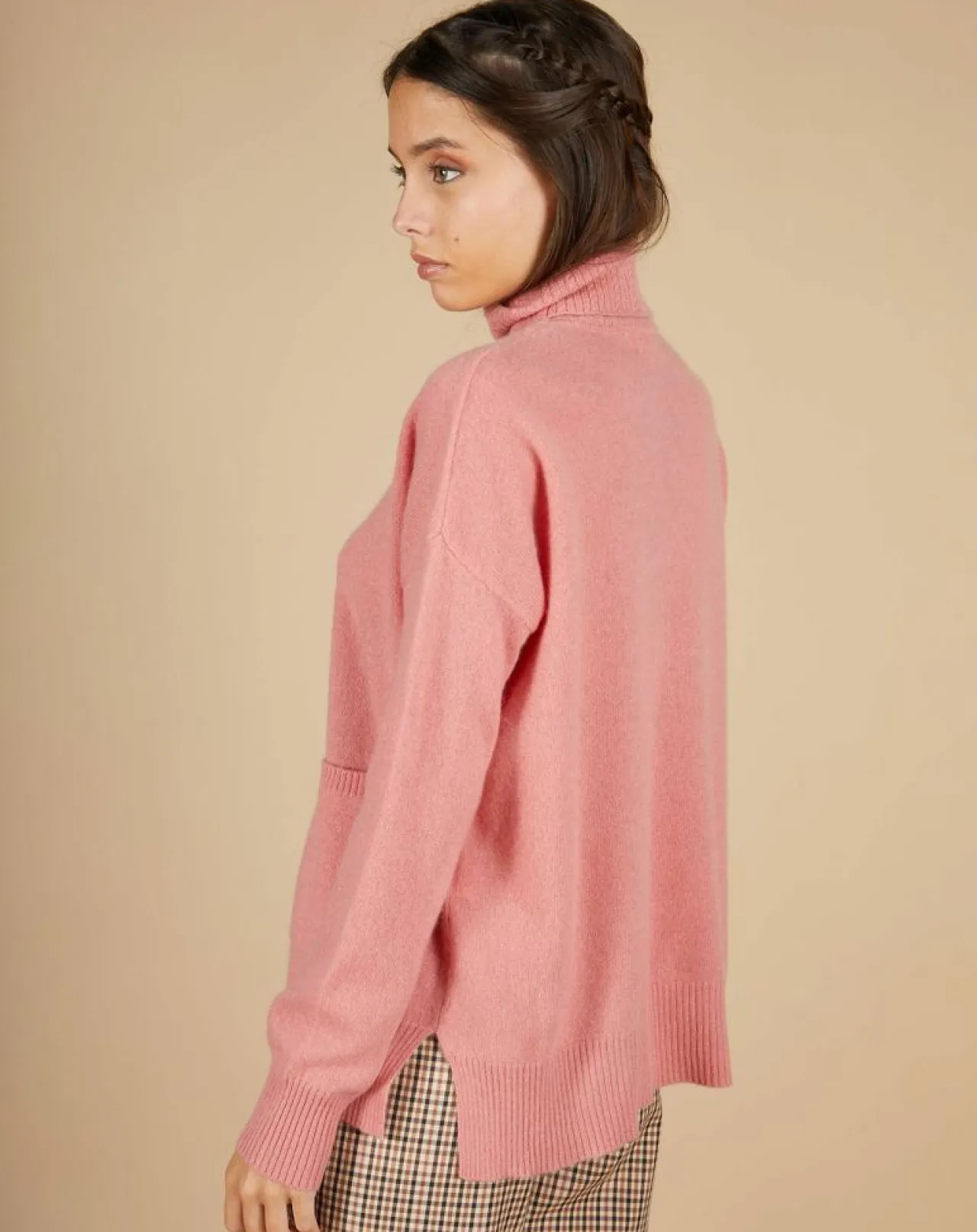Pull ample 100% Cachemire Alicia Col roulé à poches bois de rose