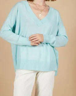 Pull ample 100% Cachemire Isidore col V bleu océan