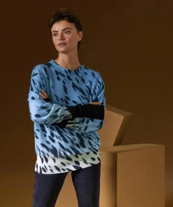 Pull Anémone 100% Cachemire imprimé léopard bleu azur