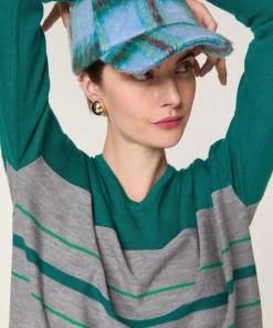 Pull Anne-Élodie 100% Laine col V rayures vert canard