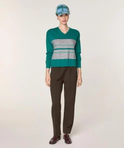 Pull Anne-Élodie 100% Laine col V rayures vert canard