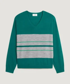 Pull Anne-Élodie 100% Laine col V rayures vert canard