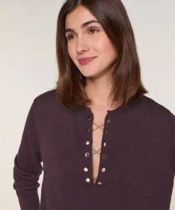 Pull Aymone 100% Laine chaine col V marron foncé
