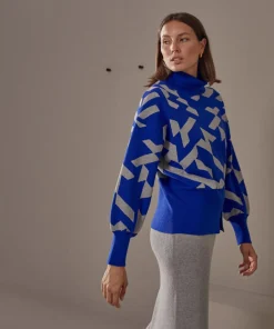 Pull Azalée, jacquard, col roulé bleu outremer