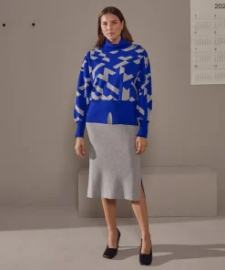 Pull Azalée, jacquard, col roulé bleu outremer