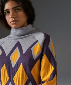 Pull Bethsabée 100% laine col roulé jacquard gris souris