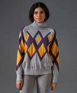 Pull Bethsabée 100% laine col roulé jacquard gris souris