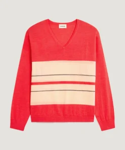 Pull Caecilia 100% Laine col V rayures orange corail