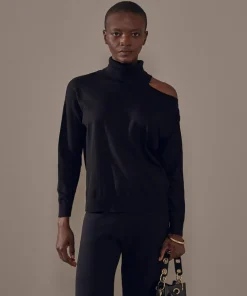 Pull Clémentine, col roulé, épaule denudée noir