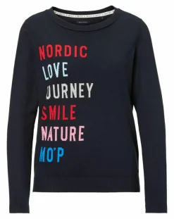 Pull col rond fin écriture bleu marine