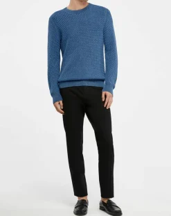 Pull col rond Texture Washed bleu moyen