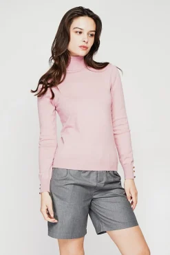 Pull col roulé classique rose poudre