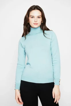 Pull col roulé classique turquoise