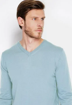 Pull col V turquoise