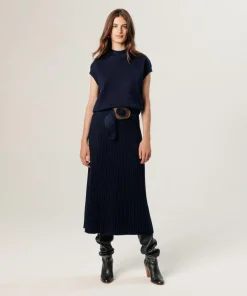 Pull Colombine manches courtes col montant bleu nuit