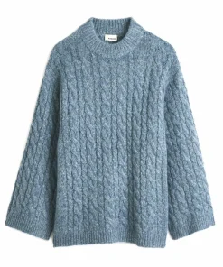 Pull Diane col montant à torsades bleu gris