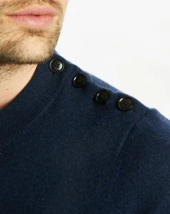 Pull en Cachemire & Laine Memarino rayé col rond bleu marine