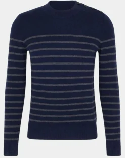 Pull en Cachemire & Laine Memarino rayé col rond bleu marine