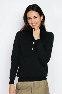 Pull en Cachemire & Soie mélangés col montant boutonné noir